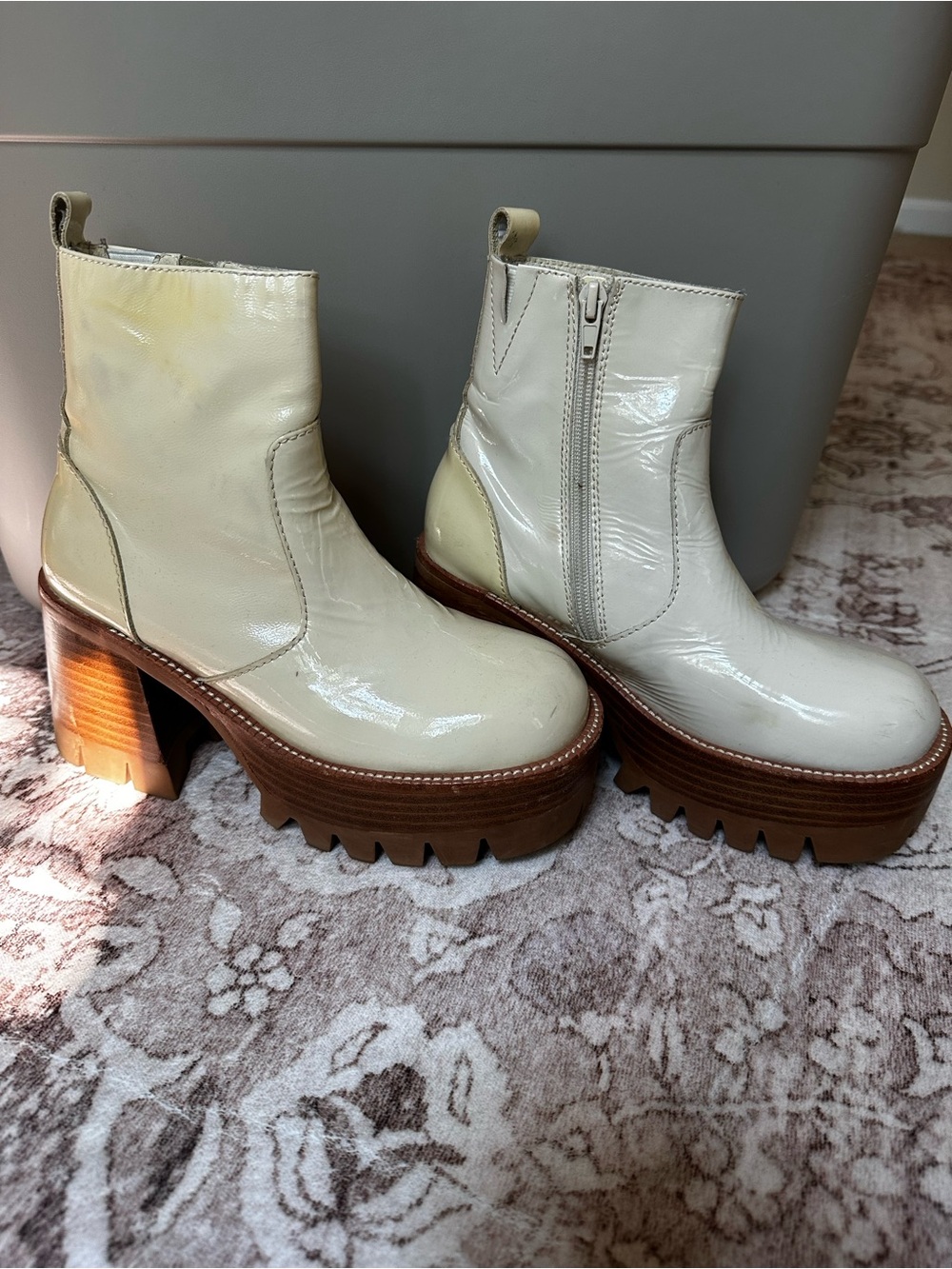 Jeffrey Campbell Cream Patent Chunky Heel Ankle Boots